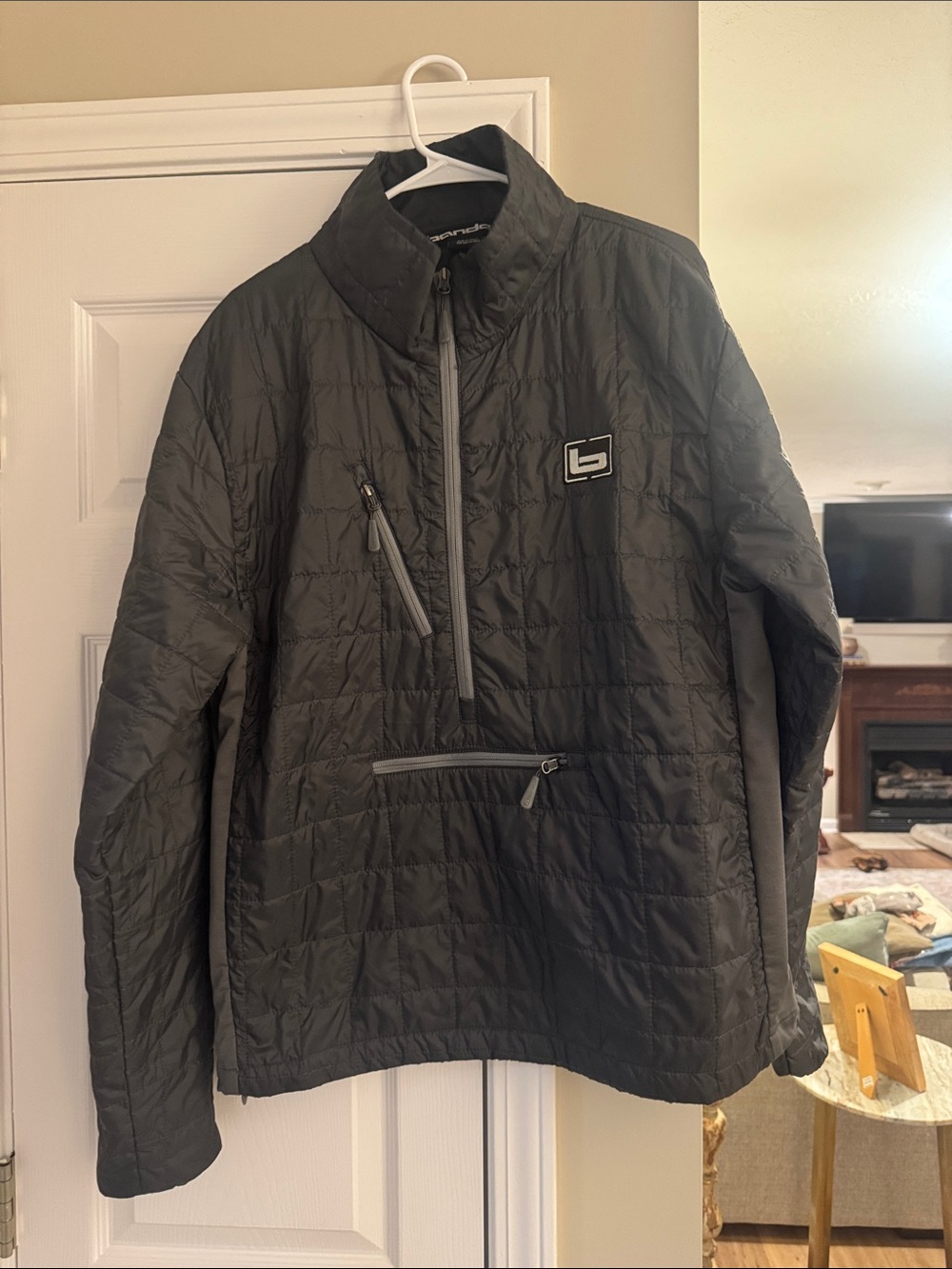 Banded gray Quilted Jacket with Contrast Logo Patch